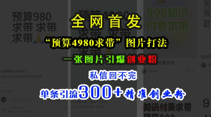 小红书“预算4980带我飞”图片打法，一张图片引爆创业粉，私信回不完，单条引流300+精准创业粉